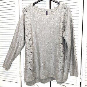 NYDJ Sequin Crewneck Tunic Sweater Gray Silver XL Pullover Long Sleeve Party
